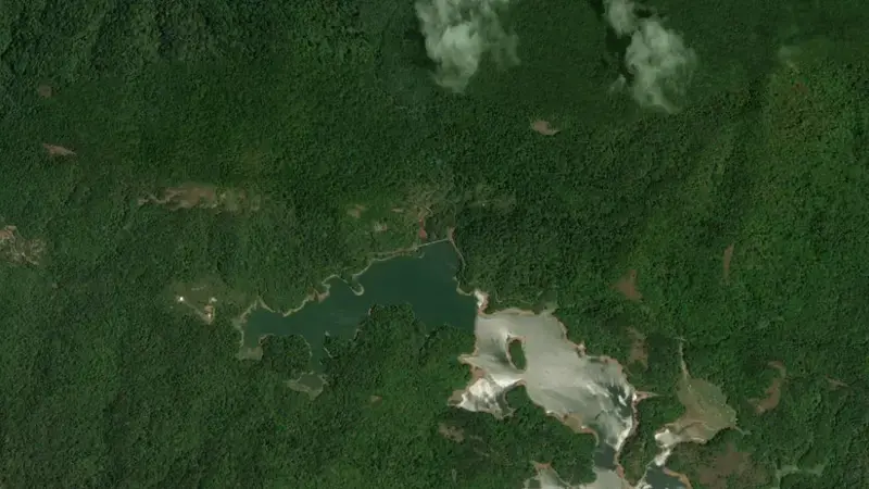 Satellite view of Siruvani (Inter State Waters) reservoir, Kerala, India