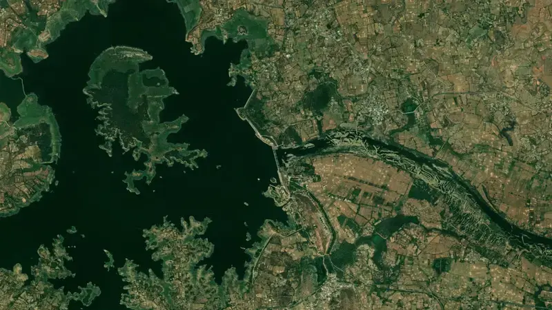 Satellite view of Som Kamla Amba reservoir, Himachal Pradesh, India