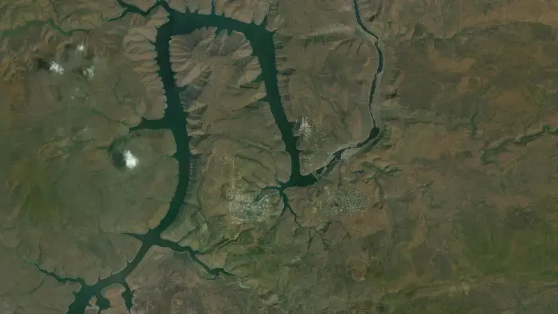 Satellite view of Srisailam Dam reservoir, Telangana, India