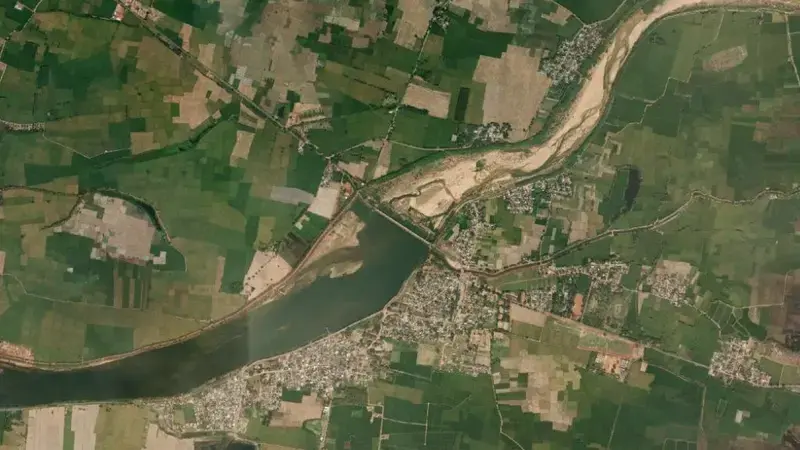 Satellite view of Swarnamukhi Barrage Cum Bridge reservoir, Andhra Pradesh, India