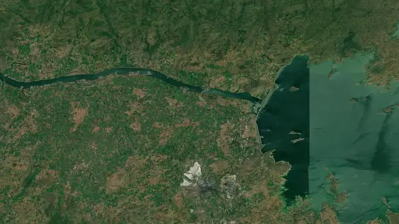Satellite view of Ukai Dam reservoir, Gujarat, India
