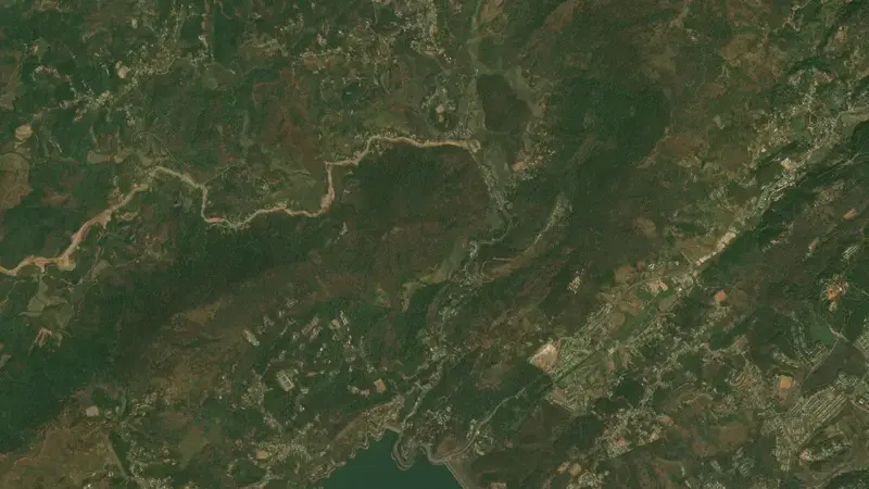 Satellite view of Umiam Dam (Barapani Lake) reservoir, Meghalaya, India