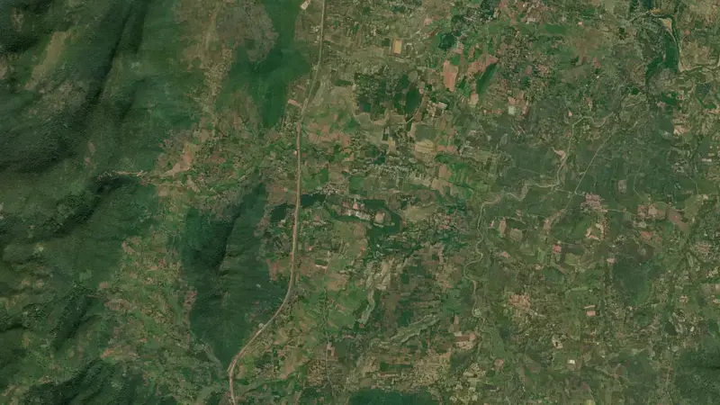 Satellite view of Upper Indravati Dam reservoir, Odisha, India