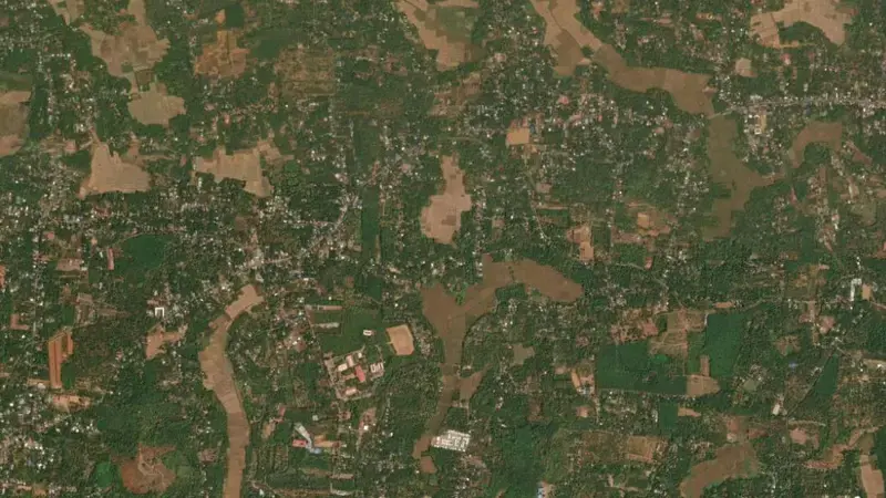 Satellite view of Vazhani reservoir, Kerala, India