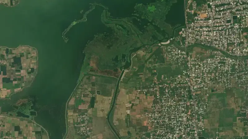 Satellite view of Veeranam reservoir, Tamil Nadu, India