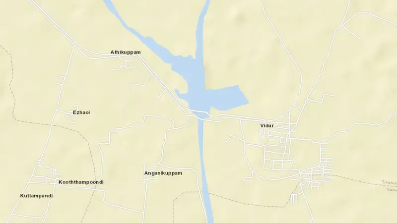 Road map of Vidur reservoir, Tamil Nadu, India