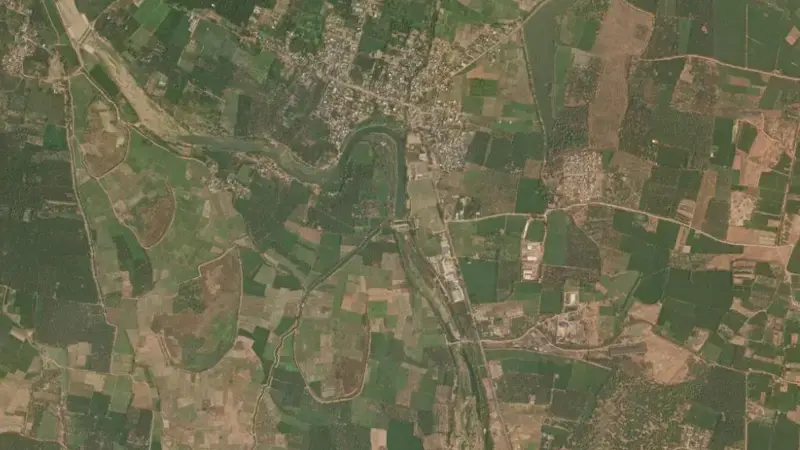 Satellite view of Vijayarai Anicut reservoir, Andhra Pradesh, India