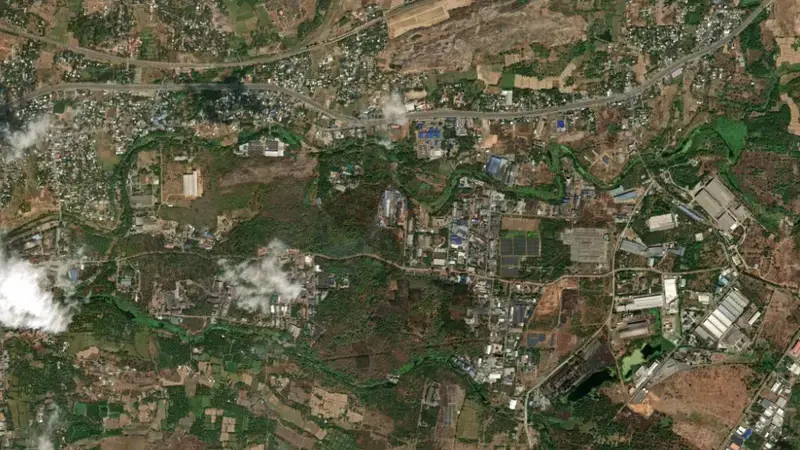 Satellite view of Walayar reservoir, Kerala, India