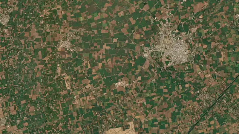 Satellite view of Watrak Dam reservoir, Gujarat, India