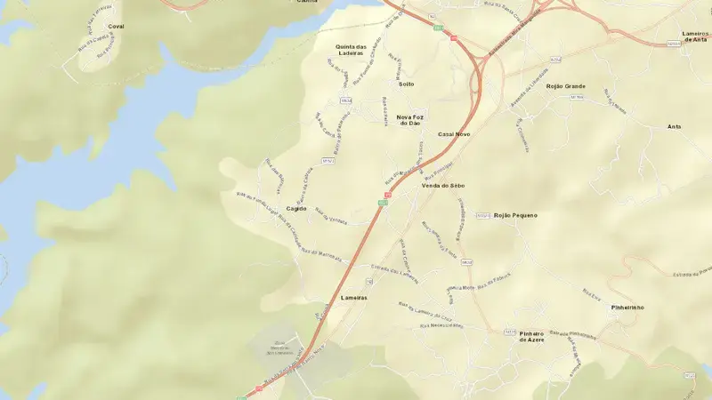 Road map of Aguieira reservoir, Coimbra, Centro, Portugal