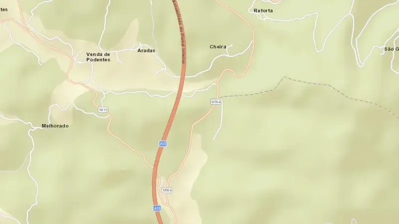 Road map of Caldeirão reservoir, Coimbra, Centro, Portugal