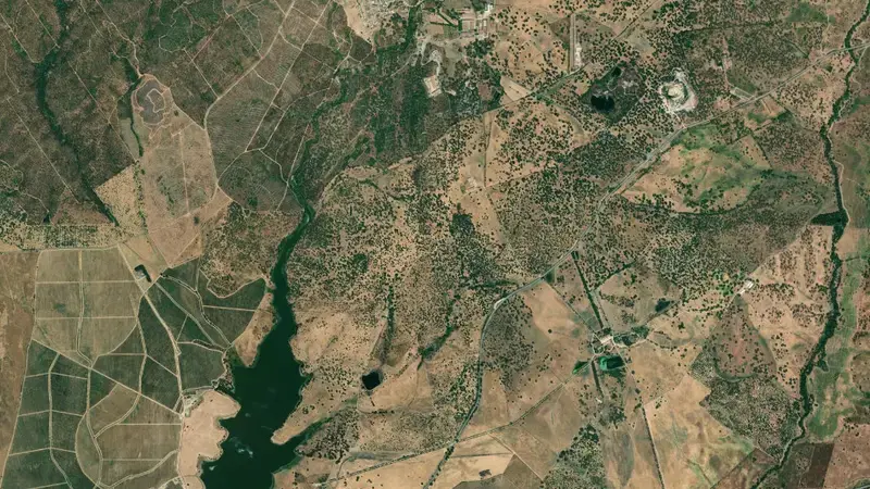 Satellite view of Monte Novo reservoir, Évora, Alentejo, Portugal