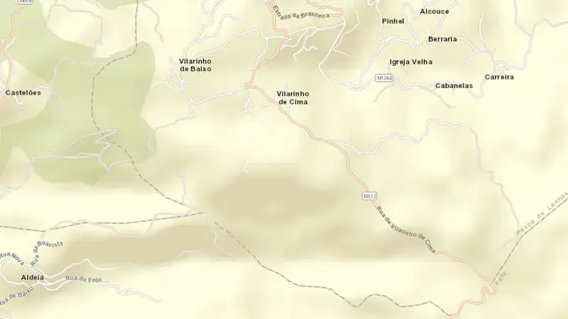 Road map of Queimadela reservoir, Braga, Norte, Portugal