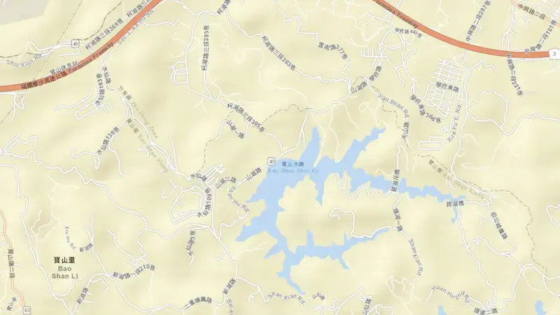 Road map of Baoshan Reservoir reservoir, North, Taiwan