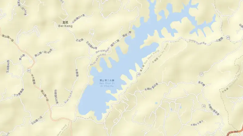 Road map of Baoshan Second Reservoir reservoir, North, Taiwan