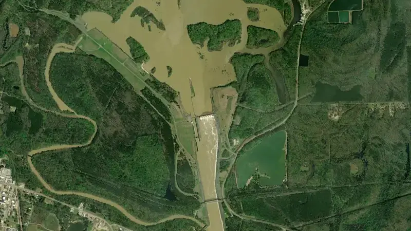 Satellite view of Aberdeen Lock and Dam reservoir, Georgia, United States