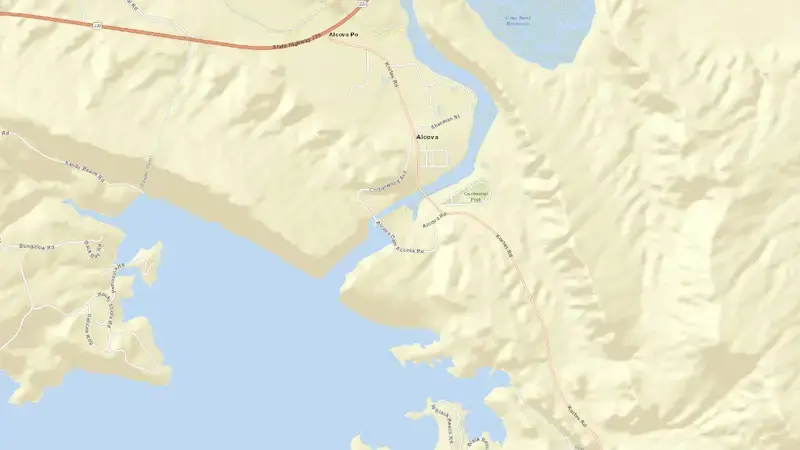 Road map of Alcova Dam nr Casper, WY reservoir, Wyoming, United States