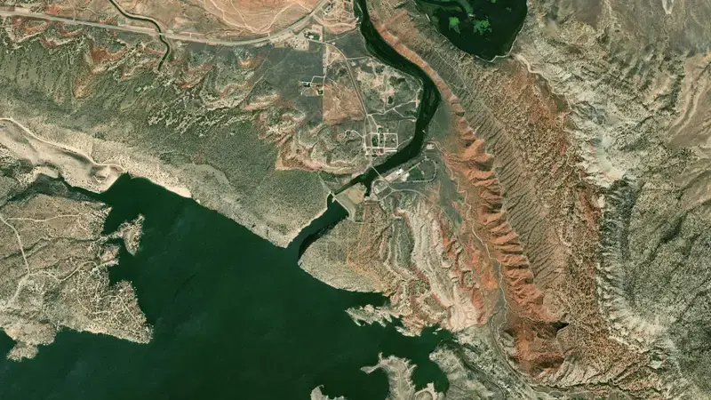 Satellite view of Alcova Dam nr Casper, WY reservoir, Wyoming, United States