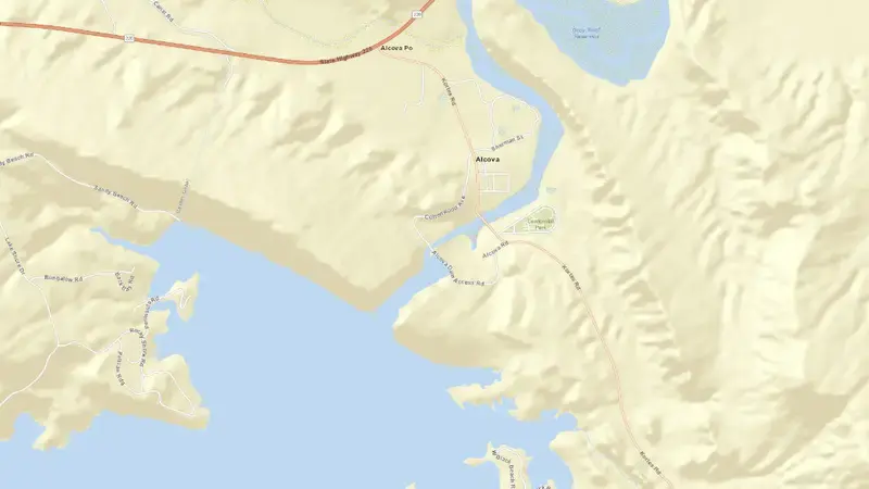 Road map of Alcova Reservoir Dam and Powerplant reservoir, Wyoming, United States