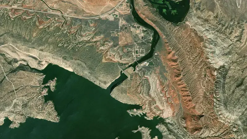 Satellite view of Alcova Reservoir Dam and Powerplant reservoir, Wyoming, United States