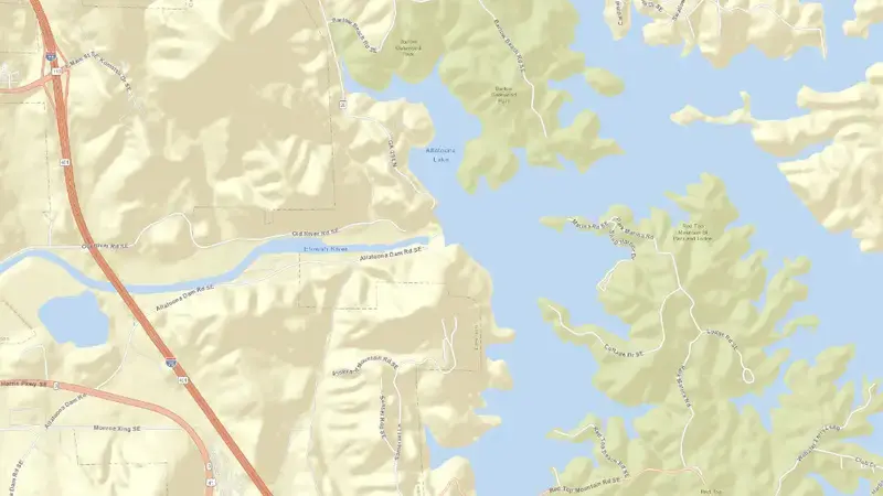 Road map of Allatoona Dam and Lake reservoir, Georgia, United States
