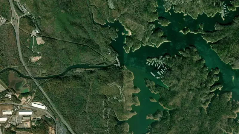 Satellite view of Allatoona Dam and Lake reservoir, Georgia, United States