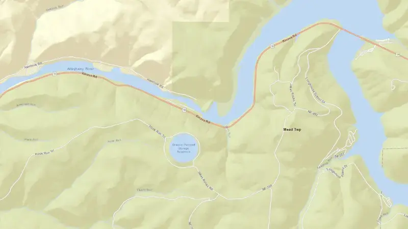 Road map of Allegheny Reservoir, PA reservoir, Pennsylvania, United States