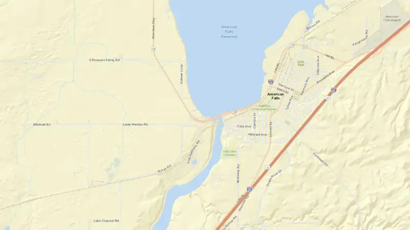 Road map of American Falls Reservoir and Dam reservoir, Idaho, United States