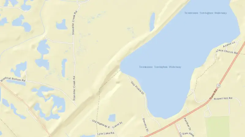 Road map of Amory Lock and Dam reservoir, Mississippi, United States