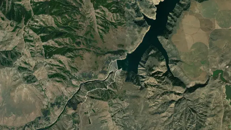 Satellite view of Anderson Ranch Reservoir, Dam, and Powerplant reservoir, Idaho, United States