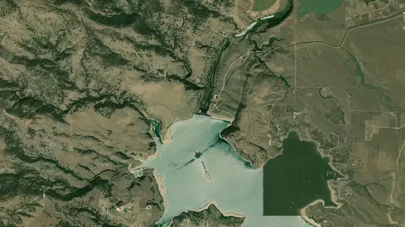 Satellite view of Angostura Reservoir and Dam reservoir, South Dakota, United States