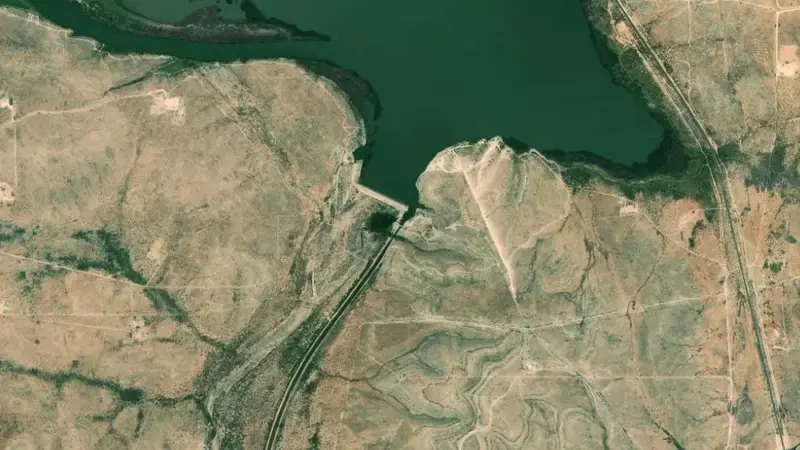 Satellite view of Avalon Reservoir and Dam reservoir, New Mexico, United States