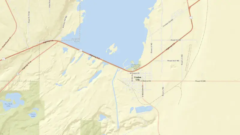 Road map of Banks Lake and Dry Falls Dam reservoir, Washington, United States