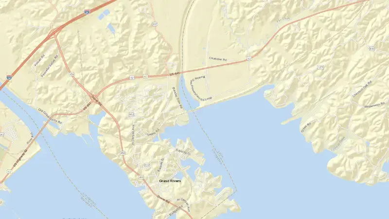 Road map of Barkley Lock and Dam reservoir, Kentucky, United States
