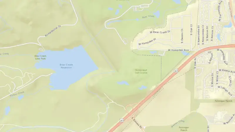 Road map of Bear Creek Dam & Reservoir reservoir, Colorado, United States