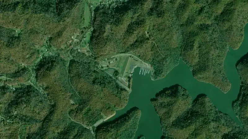 Satellite view of Beech Fork Lake reservoir, West Virginia, United States