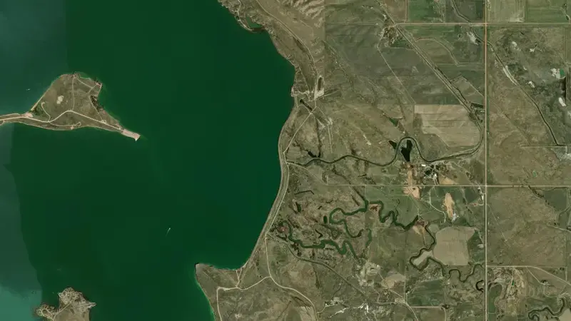 Satellite view of Belle Fourche Reservoir and Dam reservoir, South Dakota, United States