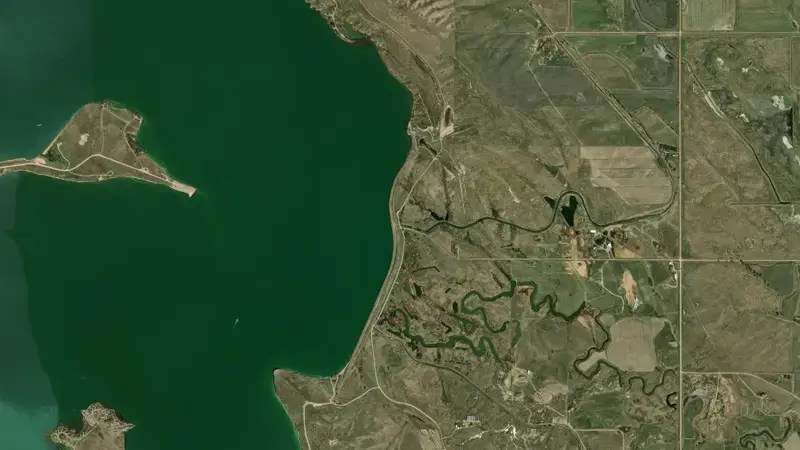 Satellite view of Belle Fourche Reservoir, SD reservoir, South Dakota, United States