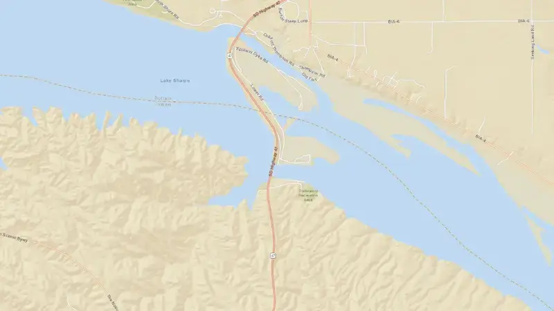 Road map of Big Bend Dam & Reservoir reservoir, South Dakota, United States