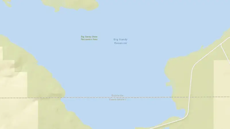 Road map of Big Sandy Reservoir and Dam reservoir, Wyoming, United States