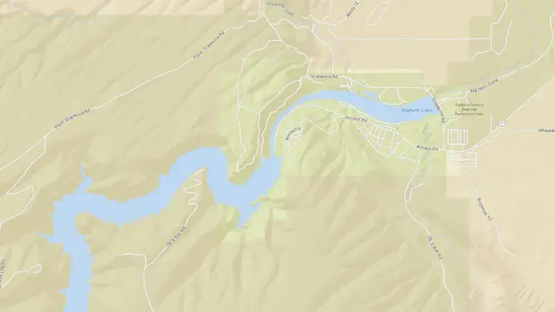 Road map of Bighorn Lake Yellowtail Dam and Powerplant reservoir, Montana, United States