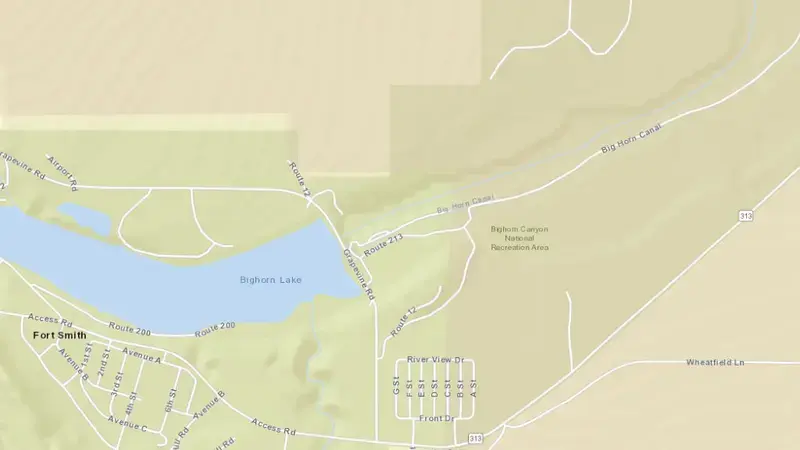 Road map of Bighorn River and BIA Canal near St. Xavier reservoir, Montana, United States