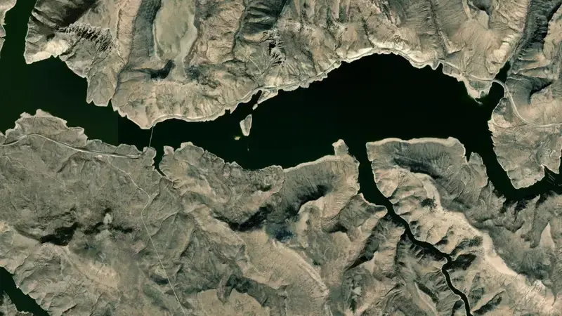 Satellite view of Blue Mesa Reservoir Dam and Powerplant reservoir, Colorado, United States
