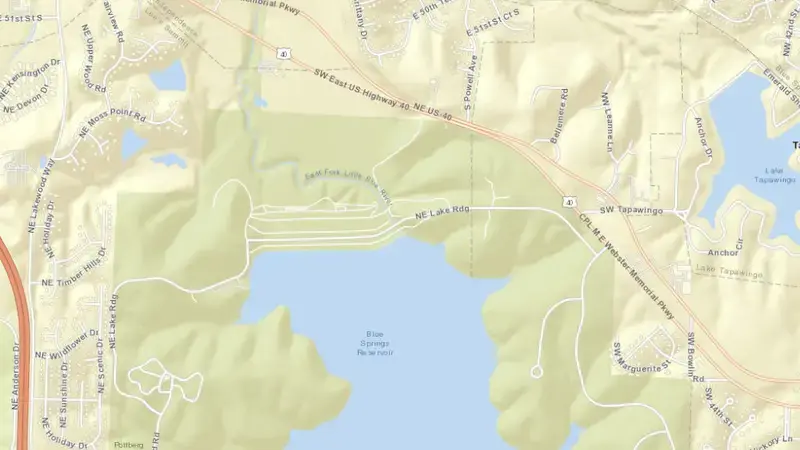 Road map of Blue Springs Dam & Reservoir reservoir, Missouri, United States
