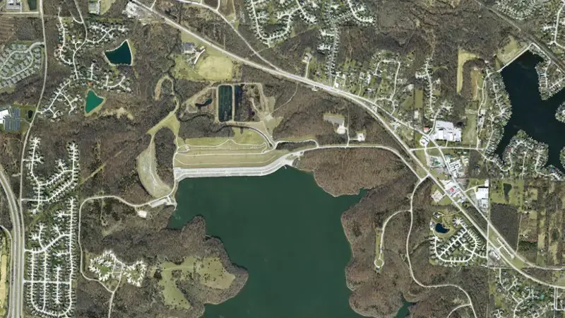 Satellite view of Blue Springs Dam & Reservoir reservoir, Missouri, United States