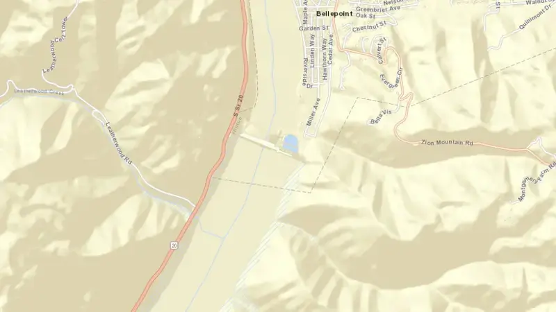 Road map of Bluestone Lake reservoir, West Virginia, United States
