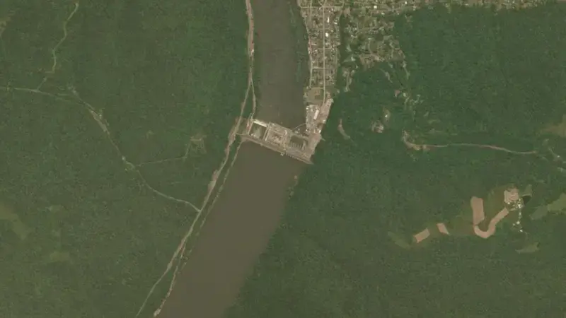 Satellite view of Bluestone Lake reservoir, West Virginia, United States