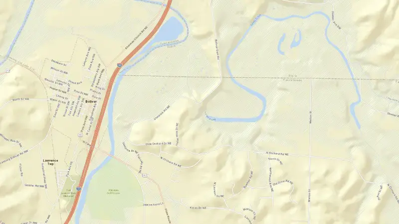 Road map of Bolivar Lake reservoir, Ohio, United States