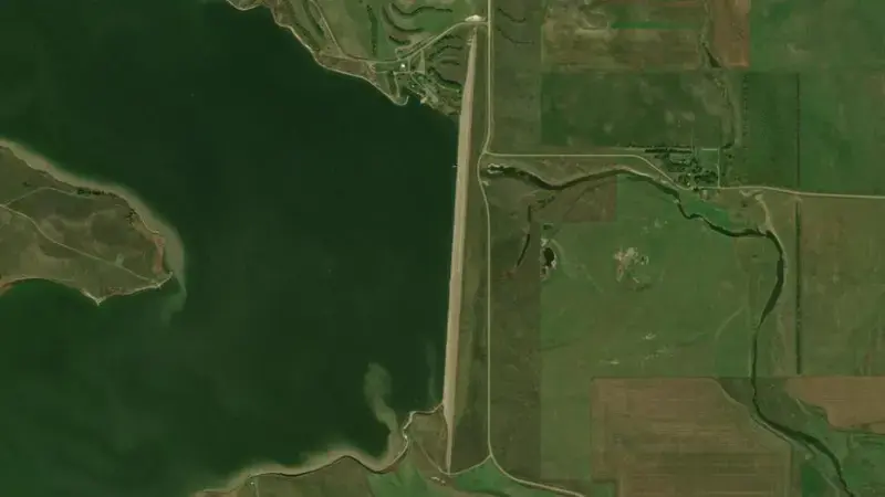 Satellite view of Bowman-Haley Dam & Reservoir reservoir, North Dakota, United States