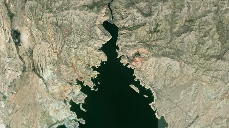 Satellite view of Boysen Reservoir Dam and Powerplant reservoir, Wyoming, United States